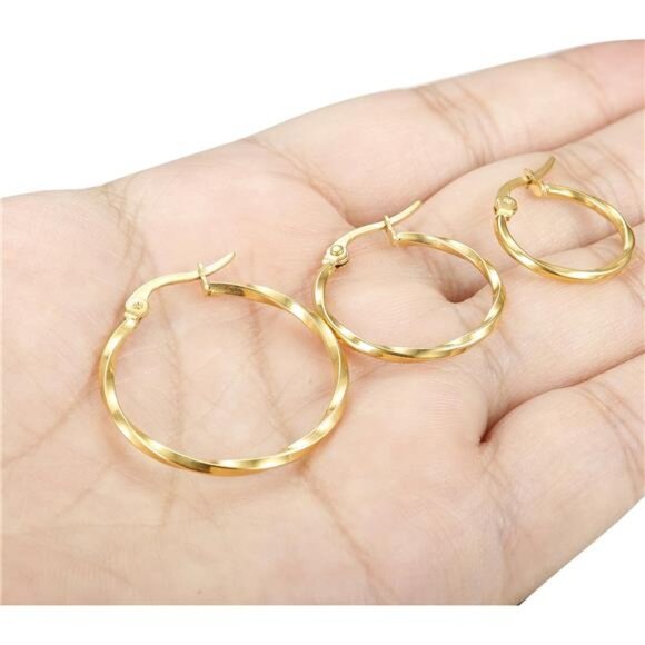 3Pairs Stainless Steel Twisted Gold Silver Small Hoop Earrings Set 15-25mm - Picture 6 of 7